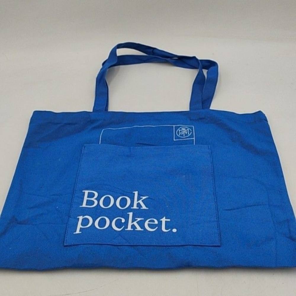 Book of The Month Tote Bag Womens Medium Blue Canvas Book Pocket Shopper